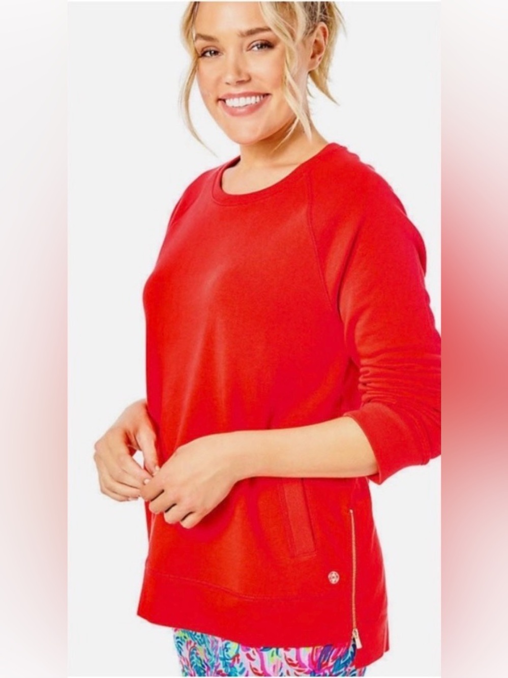 Lilly Pulitzer Luxletic Crewneck Sweatshirt Red Orange Zip Cuff Small